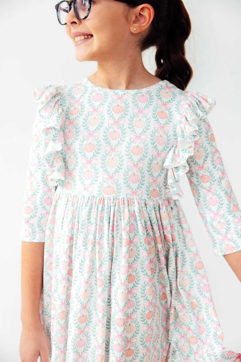 Mila & Rose Pumpkin Kisses, Harvest Wishes 3/4 Sleeve Ruffle Twirl Dress