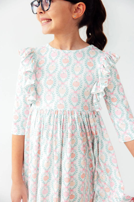 Mila & Rose Pumpkin Kisses, Harvest Wishes 3/4 Sleeve Ruffle Twirl Dress