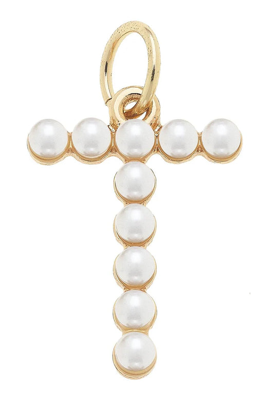 T Pearl-Studded Letter Charm in Ivory