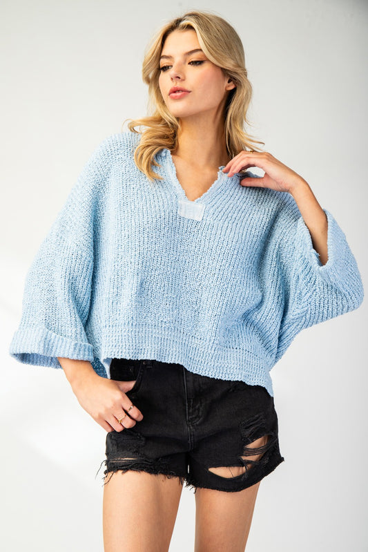 Textured V Neck Oversized Crop Sweater In Periwinkle