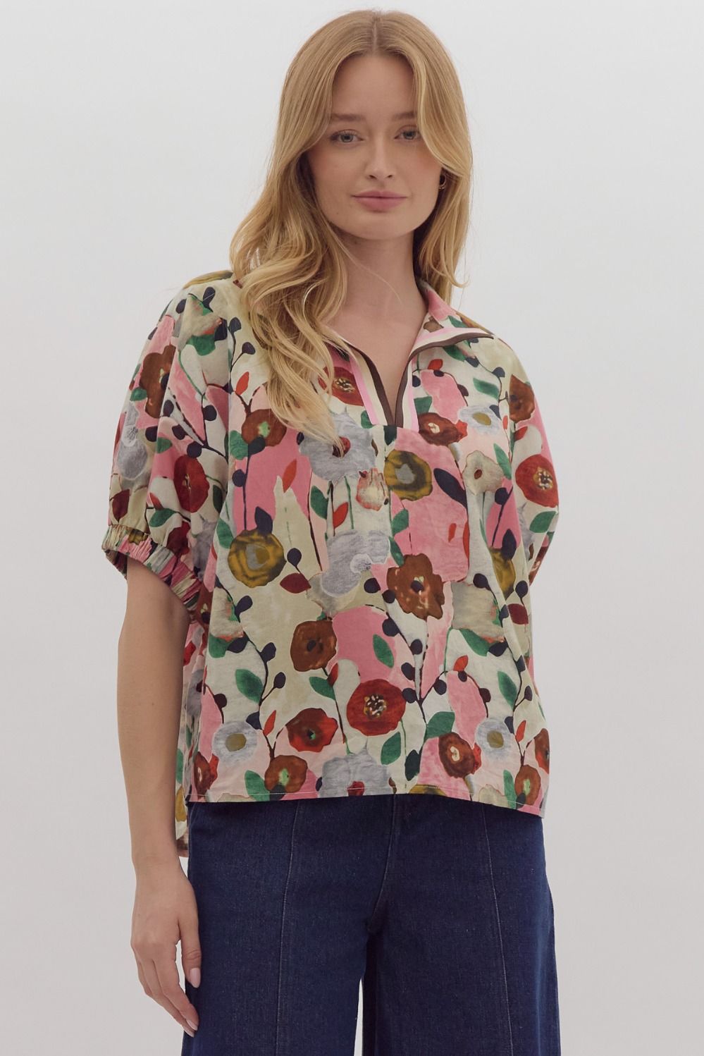 Pink Florals V Neck Top