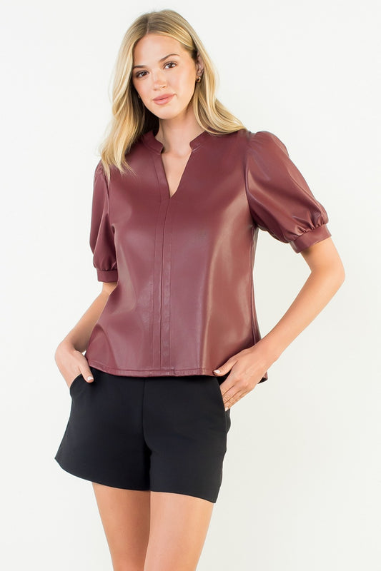 Puff Sleeve Leather Top In Burgundy