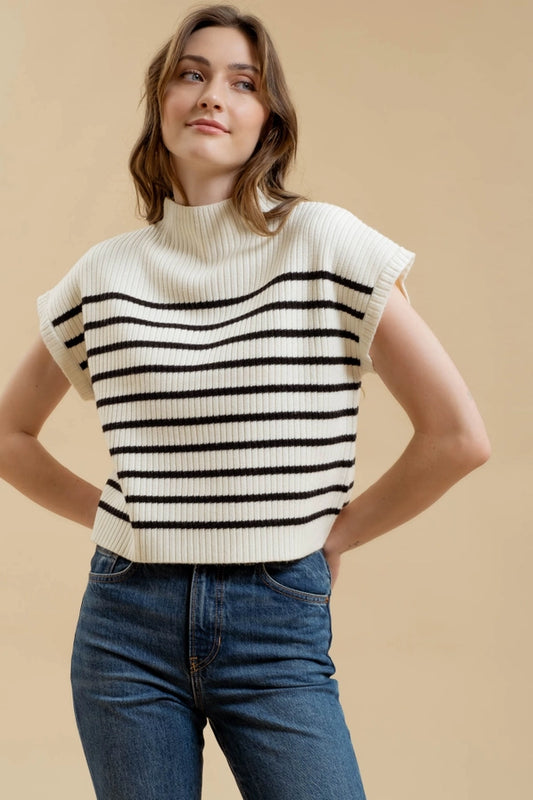 Ivory Stripe Funnel Neck Sweater