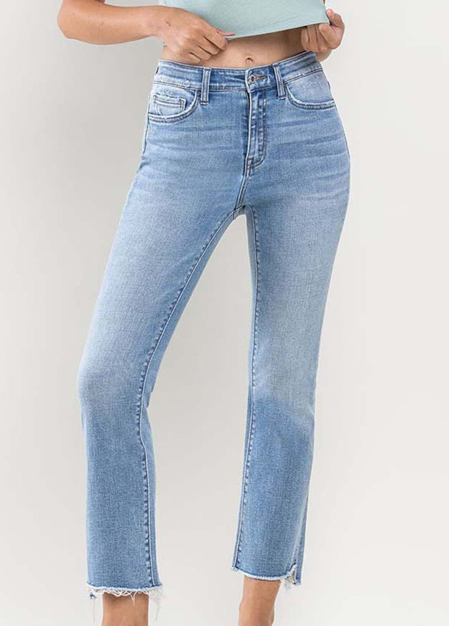 Victoria High Rise Raw Hem Crop Flare Jean Light Wash