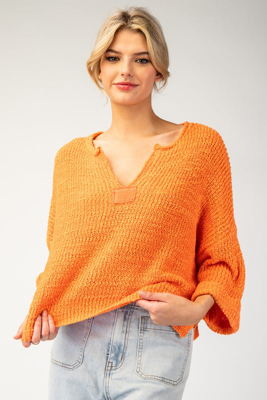 Textured V Neck Oversized Crop Sweater In Tangerine