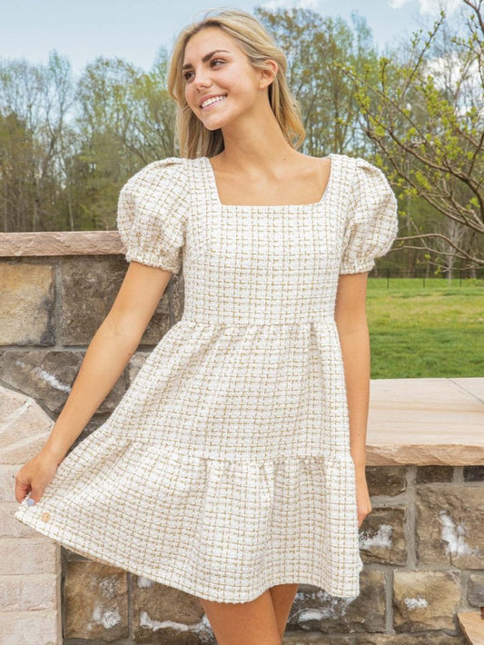 Tweed Puff Sleeve Dress In Ivory/Gold