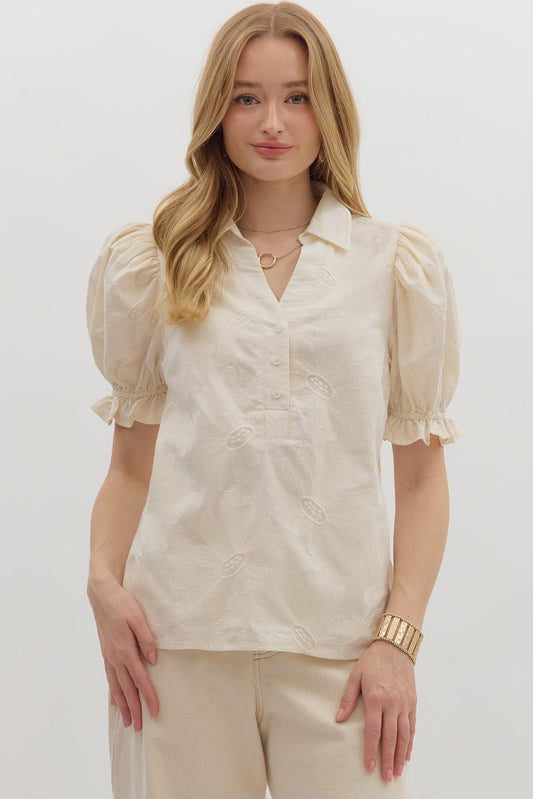 Textured Floral Puff Sleeve Top In Cream