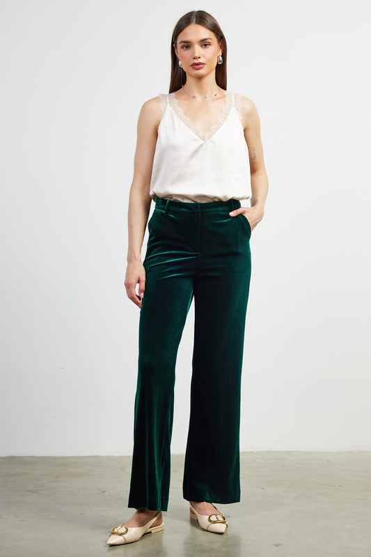 Holiday Velvet Straight Leg Pants In Hunter Green