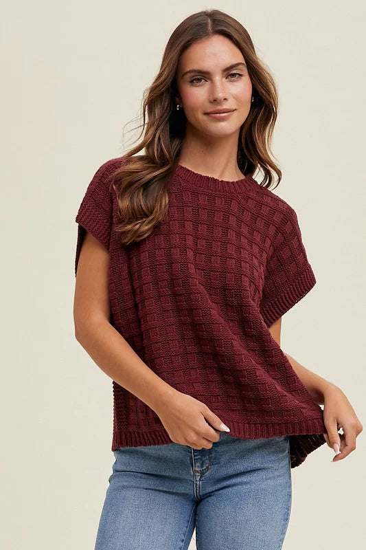 Textured Boxy Sweater Top In Wine